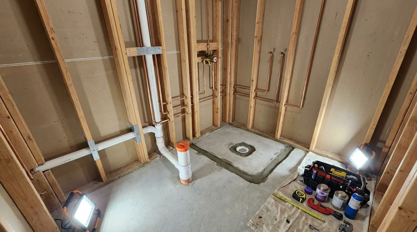 Bathroom rough-in plumbing during remodel by Johns Plumbing LLC in Ligonier