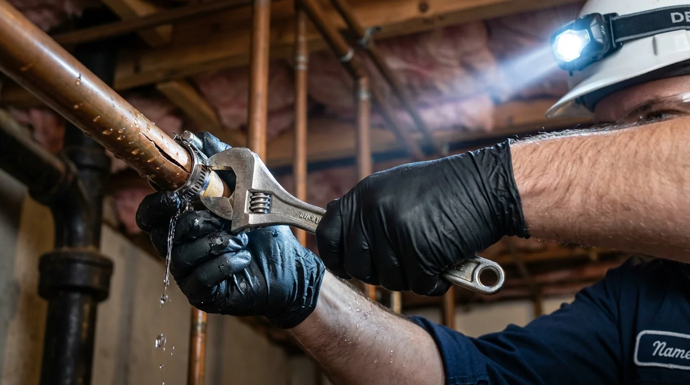 Emergency pipe clamp repair being performed by a Johns Plumbing LLC plumber in Ligonier