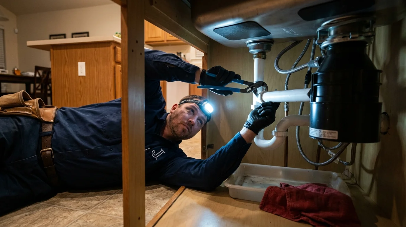 P-trap and supply line connections under a kitchen sink showing a common leak point in Ligonier, PA